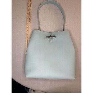 Longchamp Le Roseau Med Shoulder Bag Pebble Leather Seafoam Chrome Bamboo Clasp